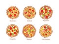 Pizza with Mushrooms, Seafood, Pepperoni and Margarita, Mexican and Four Seasons. Fast Food Icons. Street Junk Meal