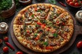 pizza with mushrooms on the table with various fillings, bold primary colors. Generative AI