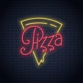 Pizza neon logo on wall vector background