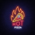 Pizza neon sign vector. Pizzeria neon logo, emblem. Neon advertising on the topic of pizza cafe, restaurant, dining room