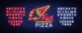 Pizza neon sign vector. Pizzeria neon logo, emblem. Neon advertising on the topic of pizza cafe, restaurant, dining room