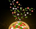 Pizza, olives tomatoes fly ingredients concept creative