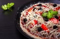 Pizza with onions, tuna, tomatoes and olives Royalty Free Stock Photo