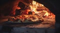 Pizza in the oven: topped pizza in a hot baking tray, melting the cheese and the crust crispy Royalty Free Stock Photo