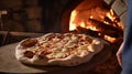 Pizza in the oven: topped pizza in a hot baking tray, melting the cheese and the crust crispy Royalty Free Stock Photo