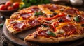pizza party, delectable pizza slices with toppings such as pepperoni, mushrooms, olives, and bell peppers arranged on a