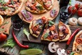 Pizza party flatlay. Set of homemade rustic pizzas served with r Royalty Free Stock Photo