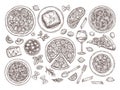 Pizza and pasta. Italian food, doodle variety dishes tomato wine. Hand drawn traditional cuisine of italy, spaghetti Royalty Free Stock Photo