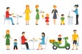 Pizza People in a interior flat icons set. Pizzeria conceptual