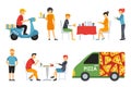 Pizza People in a interior flat icons set. Pizzeria conceptual web vector illustration.