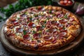 a pizza with pepperoni and ham sitting on a wooden table. Generative AI