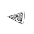 Pizza Pepperoni piece. Top view. Hand drawn sketch style drawing. Traditional Italian fast food. Best for menu designs and package Royalty Free Stock Photo