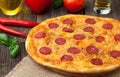 Pizza pepperoni unsliced traditional food on Royalty Free Stock Photo