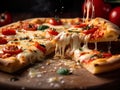 Pizza and pizza slices, covered with a delectable combination of melted cheeses, represent the epitome