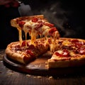 Pizza and pizza slices, covered with a delectable combination of melted cheeses, represent the epitome Royalty Free Stock Photo