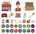 Pizza and pizzeria cartoon,flat icons in set collection for design. Staff and equipment vector symbol stock web