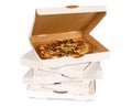 Pizza boxes, white, isolated stacked Royalty Free Stock Photo