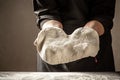 Pizza prepare dough hand topping. Baking concept. chef with raw dough