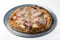 Pizza Prosciutto served on a metal tray over white background Royalty Free Stock Photo