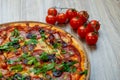 Pizza quattro carni, sausage, salami, ham, tomato sauce and parsley detail Royalty Free Stock Photo