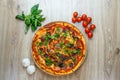 Pizza quattro carni, sausage, salami, ham, tomato sauce and parsley top Royalty Free Stock Photo