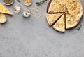 Pizza quattro fromaggi and various types of cheeses Royalty Free Stock Photo