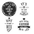 Pizza quote typographical set. Vector illustration of pizza in hand drawn cartoon style. Can be used for poster