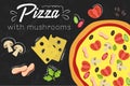 Pizza recipe. Flat style illustration. Pizza on chalkboard background