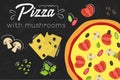 Pizza recipe. Flat style illustration. Pizza on chalkboard background