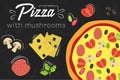 Pizza recipe. Flat style illustration. Pizza on chalkboard background