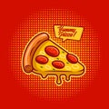 Pizza on red and yellow comic popart halftone background illustration vector