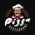 PIZZA restaurant emblem design. Funny chef with cook hat logo. Vector illustration Royalty Free Stock Photo