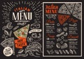 Pizza restaurant menu on blackboard. Vector food flyer for bar a Royalty Free Stock Photo