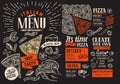 Pizza restaurant menu. Vector food flyer for bar and cafe on chalkboard background. Design template with vintage hand-drawn illus