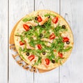 Pizza with roquette and shrimps Royalty Free Stock Photo