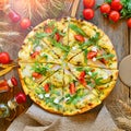 Pizza on a rustic cuisine, top view, square.