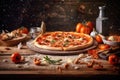 pizza on a rustic wooden table, crumbs scattered
