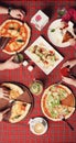 Pizza, salad and juice wine on the table. Top view Royalty Free Stock Photo