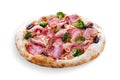 Pizza with salami, ham, vienna sausages, kalamata, olives, broccoli, pelati, pesto. Neapolitan round pizza on white background Royalty Free Stock Photo