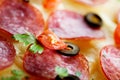 Pizza with salami. macro