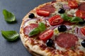 Pizza with salami, mozzarella cheese, cherry tomatoes, black olives, red onion and oregano. Royalty Free Stock Photo