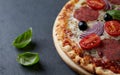 Pizza with salami, mozzarella cheese, cherry tomatoes, black olives, red onion and oregano Royalty Free Stock Photo