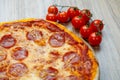 Pizza salami and mozzarella chesse detail