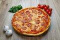 Pizza salami and mozzarella chesse top angle Royalty Free Stock Photo