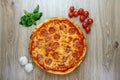 Pizza salami and mozzarella chesse top Royalty Free Stock Photo
