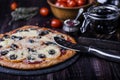 Pizza with salami, mozzarella, olives and basil Royalty Free Stock Photo