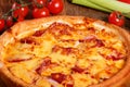 Pizza with salami, pastrami, ham and cheese Royalty Free Stock Photo