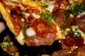 Pizza with salami, tomatoes, pesto and mozzarella. Close up Royalty Free Stock Photo