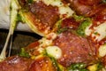 Pizza with salami, tomatoes, pesto and mozzarella. Close up Royalty Free Stock Photo