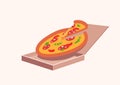 Pizza with salami and vegetables and slice of pizza levitation over cardboard packaging